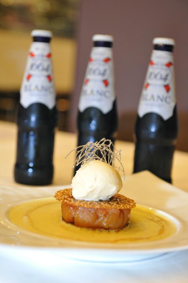 Homemade Brioche “Pain Perdu”, Vanilla Custard Sauce, Apple and Pear Tarte Tatin with a signature Kronenbourg 1664 Blanc Ice Cream. 