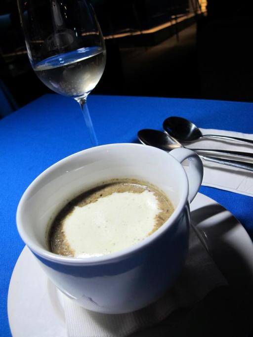 Mushroom Cappuccino Soup - garden picket wild mushroom cooked with veggie stock and served with Grissini. I like this and so did the girls. Not overly creamy and you can taste the mushrooms.