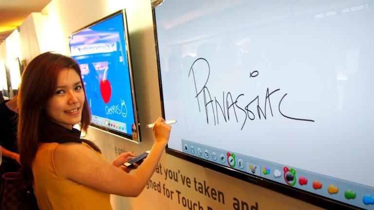 A white board? Nopes...that's Esther writing on the Panasonic Smart VIERA TV!