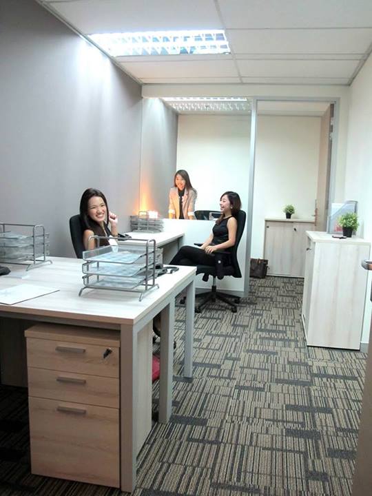 The four occupant office suite which comes with a partitioned office (right at the rear where Vickybobo is) for the boss! The 4th desk is not in the photo.