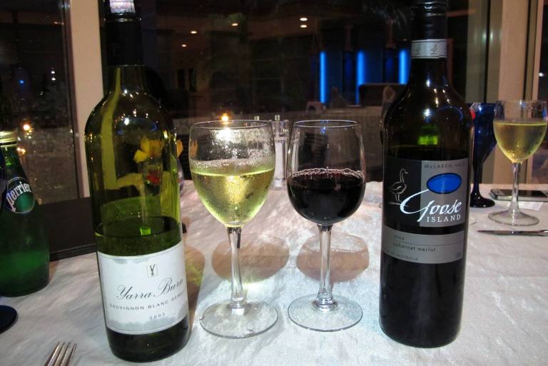 Accompanying our food were some wines: 2003 Yarra Burn Sauvignon Blanc Semillon  2004 Serafino Goose Island McLaren Vale Cabernet Merlot Of course we paired the red with the lamb and the white with the cod and we tried both with the starters. Basic rule of wine pairing is that neither the food or the wine should overpower each other. Ask your server to recommend some wines that will go along nicely with your meal.