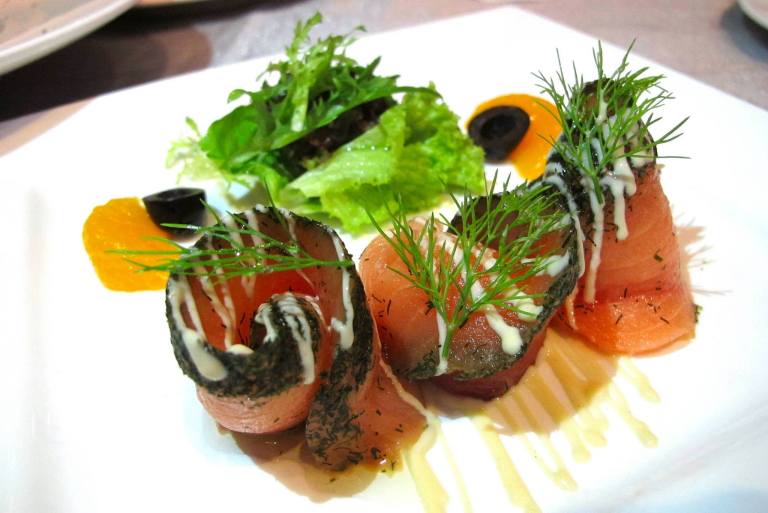 Salmon Gravlax Carpaccio - a Norwegian specialty of thinly sliced dill marinated salmon dressed in sweet mustard. - RM35