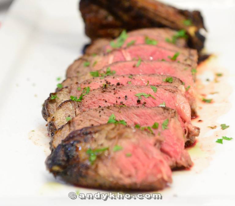 A full kilo of tender beautifully cooked Australian ribeye! Slightly charred on the outside but nice and pink on the inside.