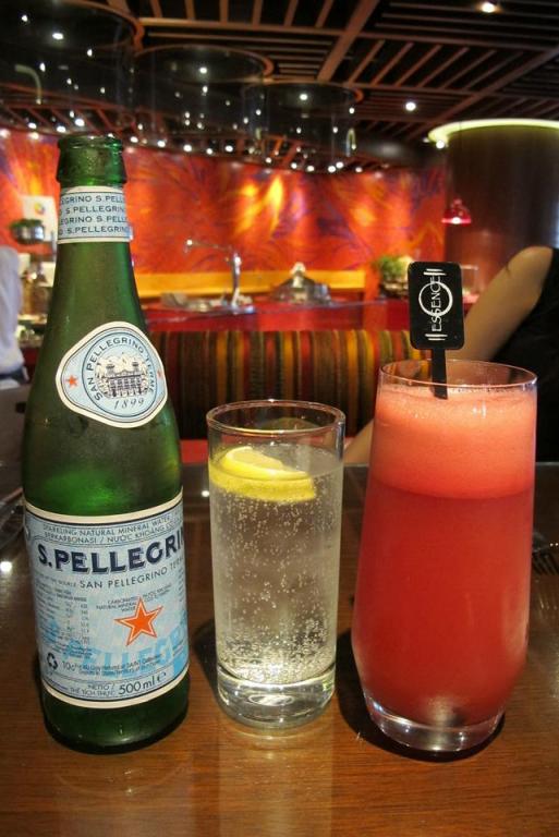 Some sparkling water and fresh watermelon juice to start off the meal