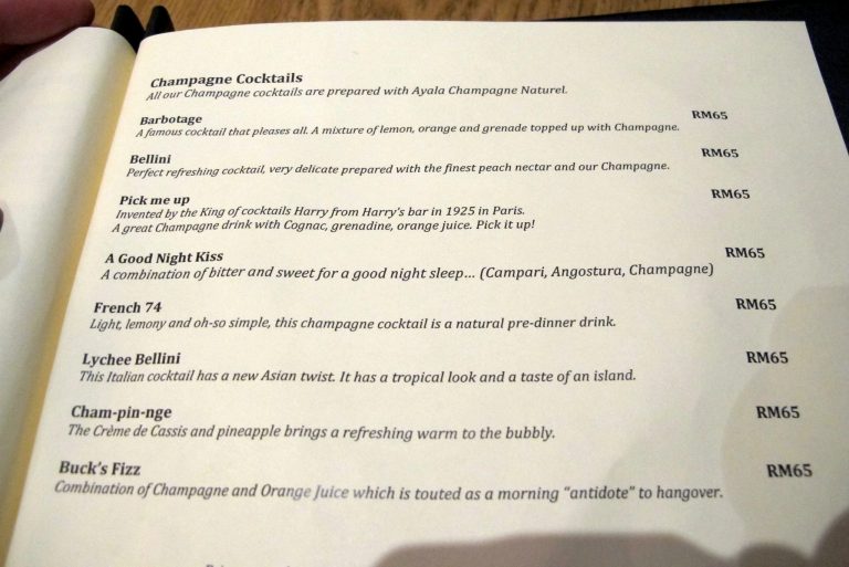 Browsing the menu we were attracted to the champagne cocktails section! Not many bars in KL actually have champagne cocktails.