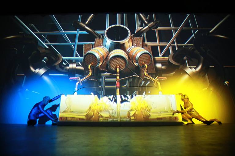 The launch gambit featured a cool live dance that interacted with the projection