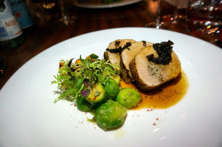 Slow Roasted Turkey Breast, Brussels Sprout, Chestnut and Pumpkin, Morel Jus - sous vide style to seal in the juices and prevent the meat from drying out