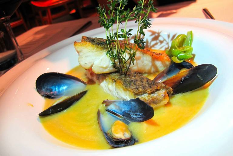 My partner-in-crime is not much a fan of duck so we opted to add on a Pan Fried Sea Bass - served with black mussels in chickpea puree. 