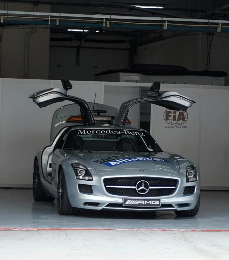 The sporty and beautiful gull-winged Mercedes SLS is the official F1 safety car.