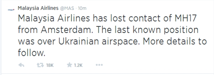 MAS Reports Lost Contact with MH17