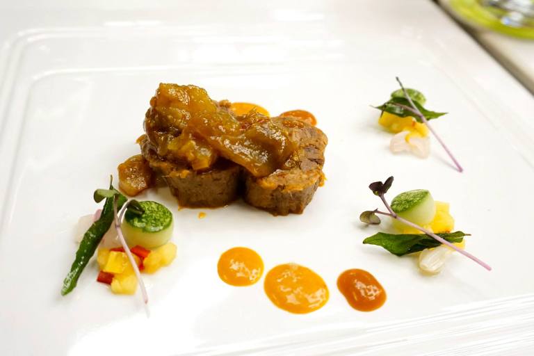 12 hours Sous-Vide Sambal Beef Tongue and Tendon served with Percik Sauce and Achar Crudité