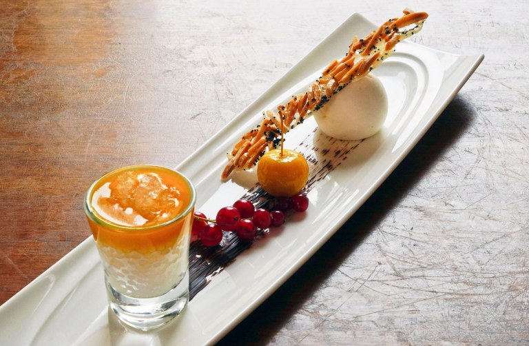 Chilled organic pumpkin puree with sago & bird’s nest, coconut ice cream