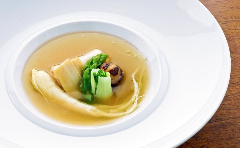 Ginseng, white & summer greens, fish maw consommé