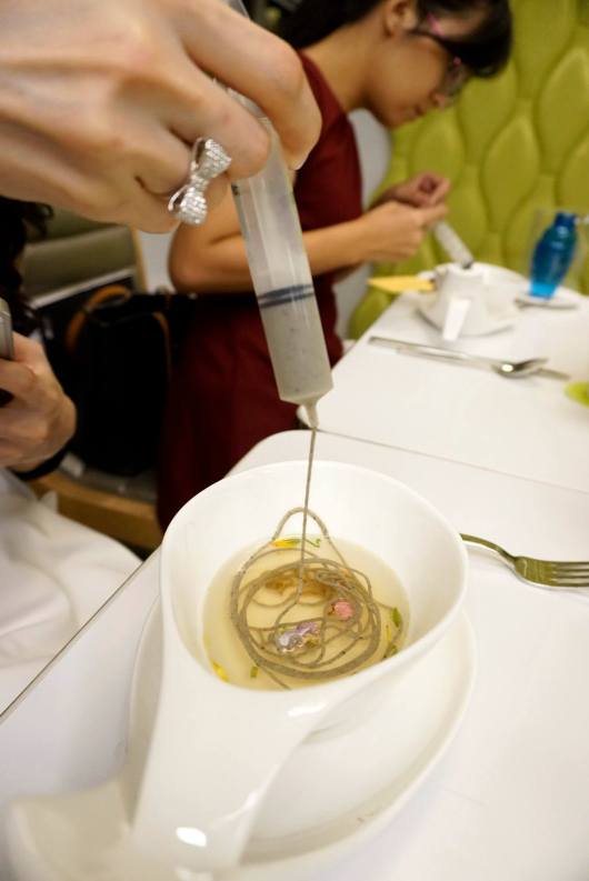 Squeeze the noodle out from the sringe