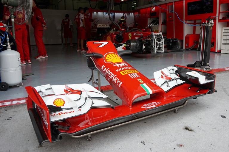 A closeup look at the front wing. The wing can be adjusted to generate less or more downforce depending on the circuit's requirements and this little piece of the car spends a lot of time in the wind tunnel for testing to ensure it delivers the best possible performance on track!