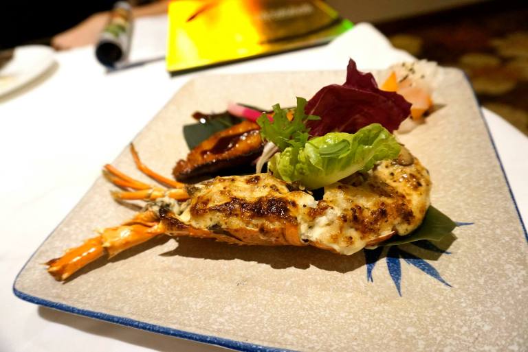 Grillled lobster with homemade cream gratin accompanied with grilled marinated cod & miso