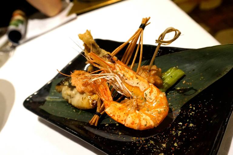Live tiger prawn, capellin tempura, Chicken jibuni style and BBQ mackerel with roe