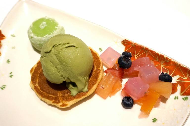 Green tea ce cream pancake and selection of mochi