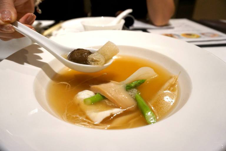 Ginseng, white & summer greens, fish maw consommé