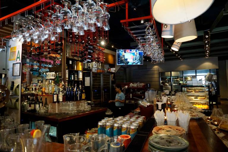 The well stocked bar which carries everything from draught beers to wine and liquor