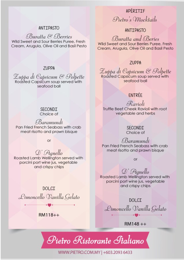 Pietro's Valentine's Day Menu