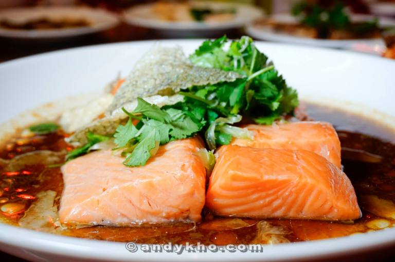 Steamed Salmon Fish with "Virgin Soya Sauce"