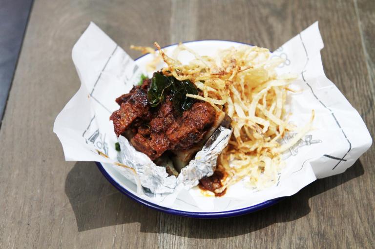 Baked Jacket Potato Sambal Brisket - Pulled smoked Black Angus brisket with sambal topping on US baked jacket potato, served with onion string fries