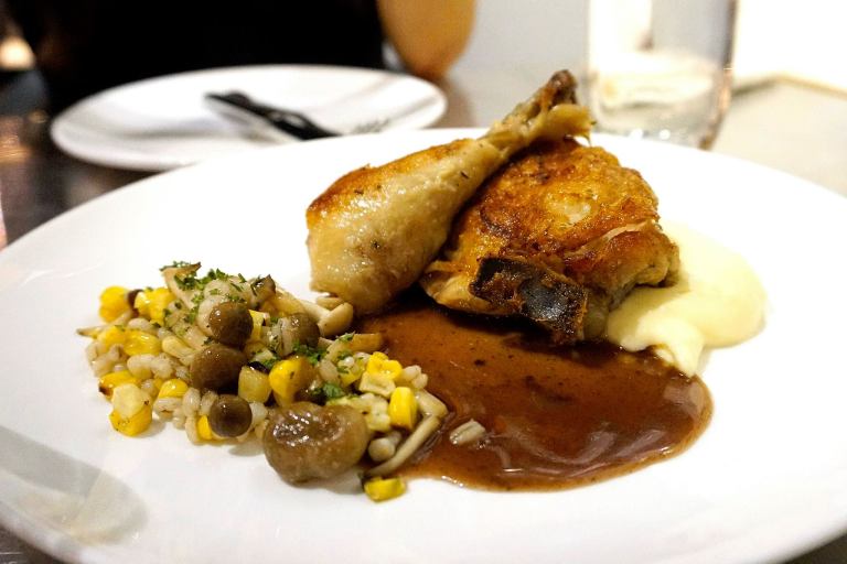 Chicken Confit - corn, mushroom, potato puree and chicken jus - RM32.00