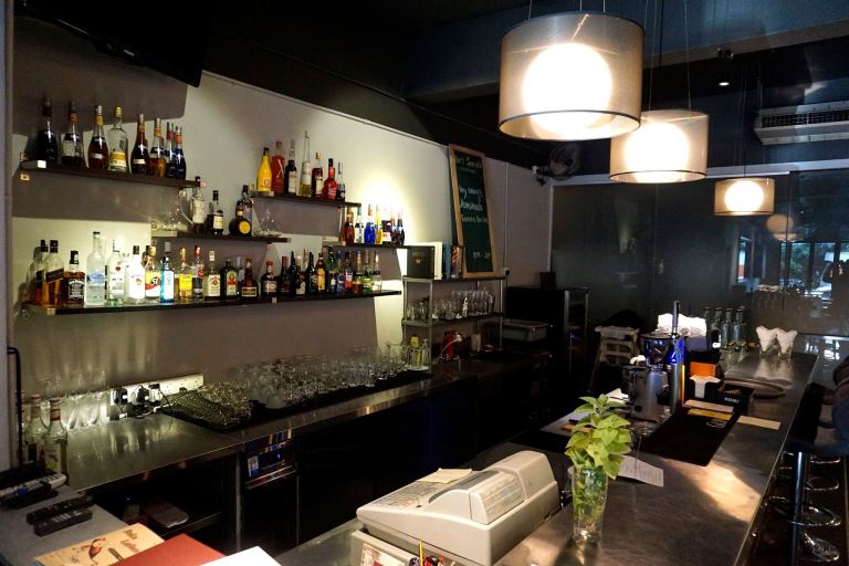 The well stocked bar which has everything from beers to wines to cocktails