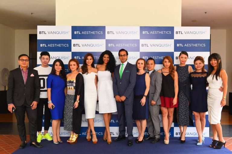 Celebrity Nazrul Idris, designer Michael Ong, actress Aisya Hasnaa, artist Sazzy Falak, Miss Malaysia World 2012 Yvonne Lee, Model Thanuja Ananthan, Renowned aesthetics specialist Dr. Raj Acquilla, BTL SEA Regional Director Petra Kopecka, BTL Country Manager Danny Leong, DJ Patricia Knudsen (L-R)