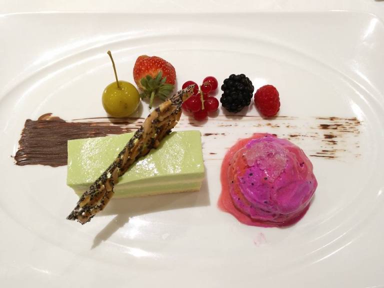 Dessert - Pandan layer cake, almond crisp & red pitahaya ice cream with bird’s nest