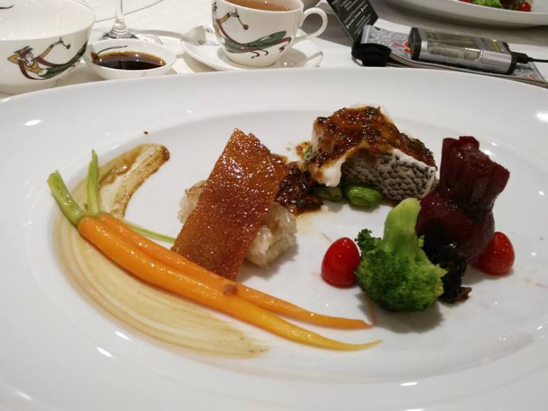 Main Course - Poached cod fillet, white glutinous rice with crispy suckling skin & pepper fondue