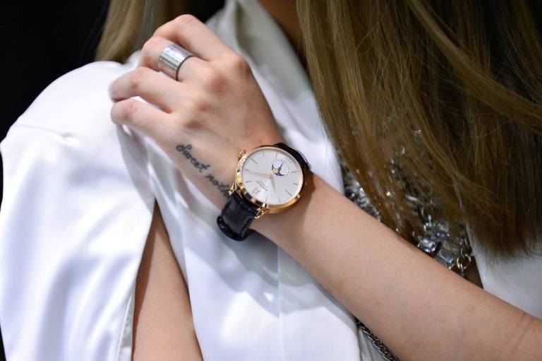 A close-up view of the Montblanc Heritage Spirit Moonphase on Stephanie's wrist