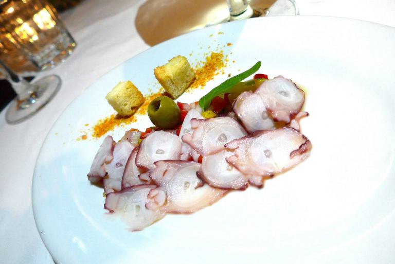 Starter - Octopus Carpaccio, Tomato Crouton, Pickled Vegetables, Aged Balsamic and Green Olives (or vegetarian)