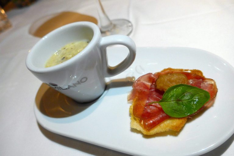 Amuse Bouche - Grilled Artichoke Cream, Cecina Ham and Crispy Wild Mushrooms
