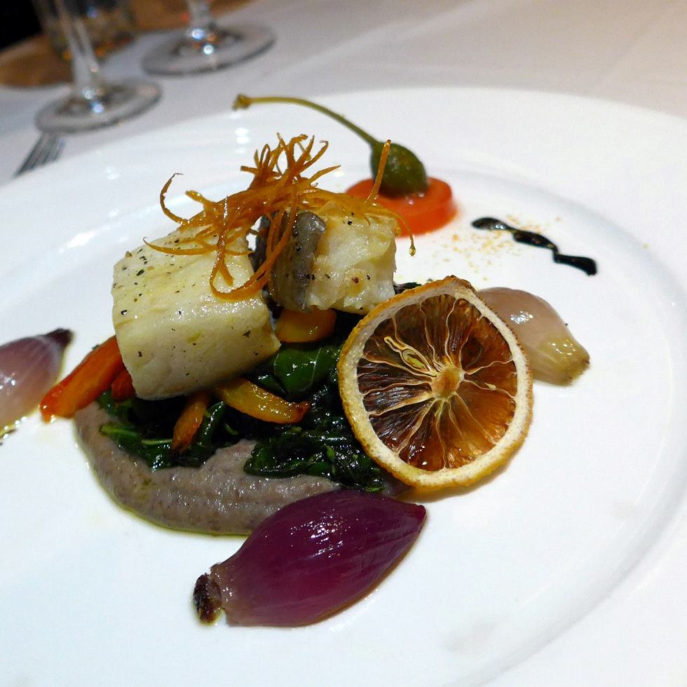 Bacalla Confit with Red Onion, Bortoli Beans Pure, Spinach, Egg Yolk, Garlic and Orange infused Olive Oil