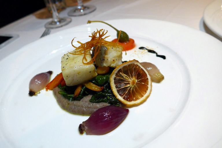 Bacalla Confit with Red Onion, Bortoli Beans Pure, Spinach, Egg Yolk, Garlic and Orange infused Olive Oil