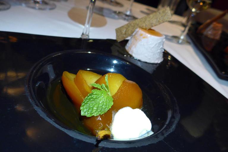 Dessert - Poached Pears with Saffron, Dried Pomegranate, Cinnamon Crumble and Blackberry Panna Cotta