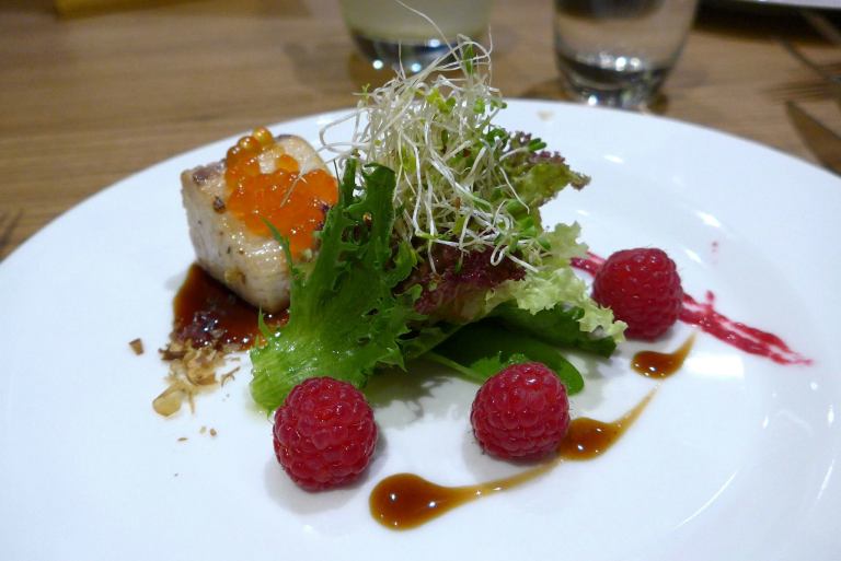 Appetiser - Seared Hamachi with Beetroot and Raspberry Condiment, Dashi and Sumac