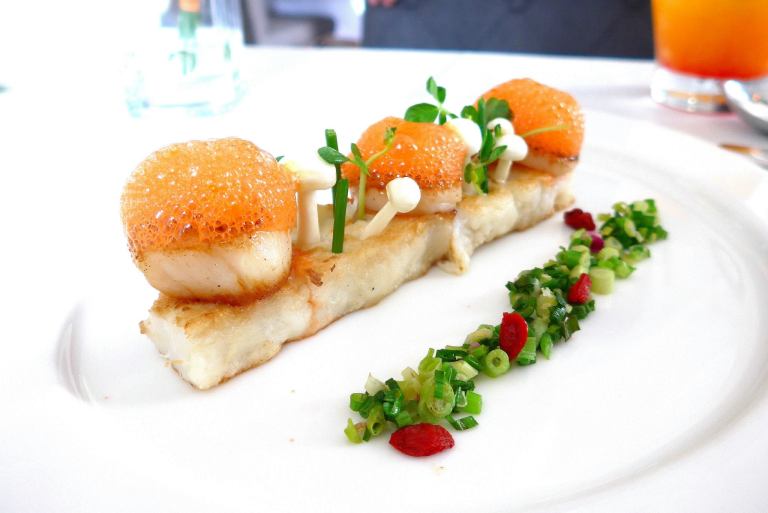 Appetiser 2 - Jardin De Coquille Saint Jacques, Herbes Fraiches et Fleurs, Ecume De Carotte et Wasabi