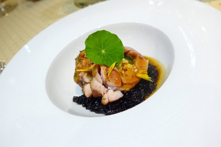 Chicken Roulade with Feta Cheese and Baby Spinach on Black Risotto