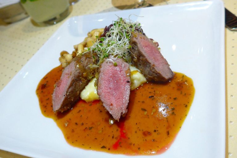Herb Crusted Lamb Loin with Wasabi Potato Snow and Onion Marmalade