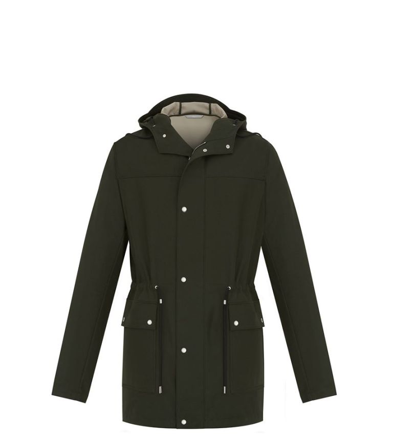 Khaki basketweave parka with techno membrane, contrast beige interior, and drawstring