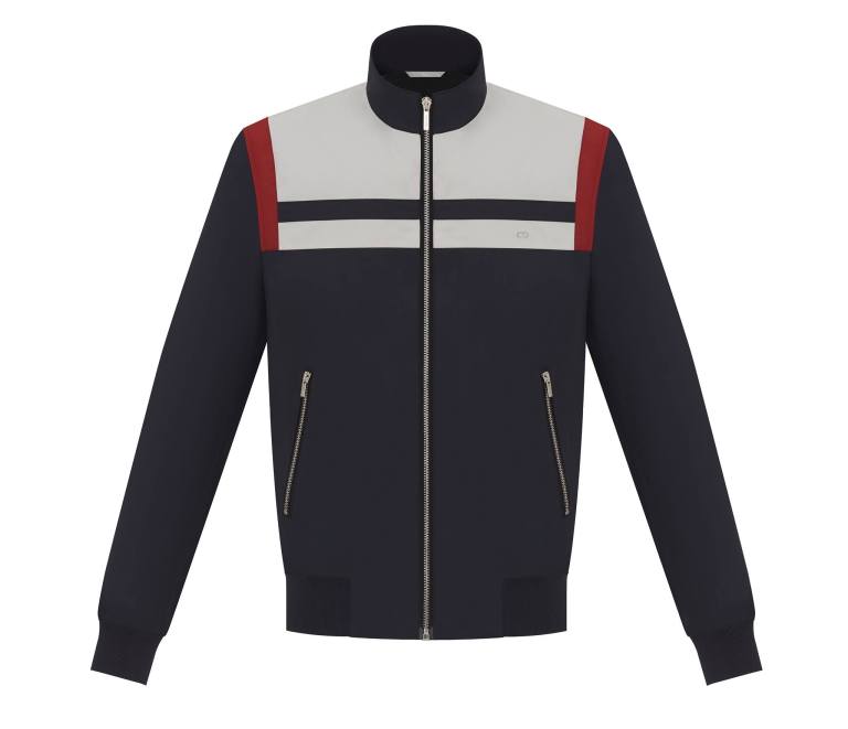 Navy blue, crimson and stone nylon blouson, metal "cd"