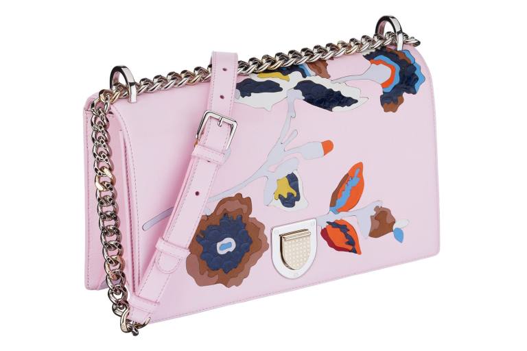 Diorama bag in pink lambskin inlaid with a flower in leather and exotic fish marquetry