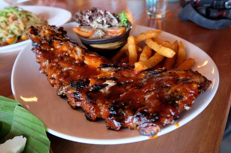 Oink Oink Ribs - RM33.00(full) or RM28.00 (half) - char grill pork ribs with sour plum sauce + sweet potato fries + mini salad