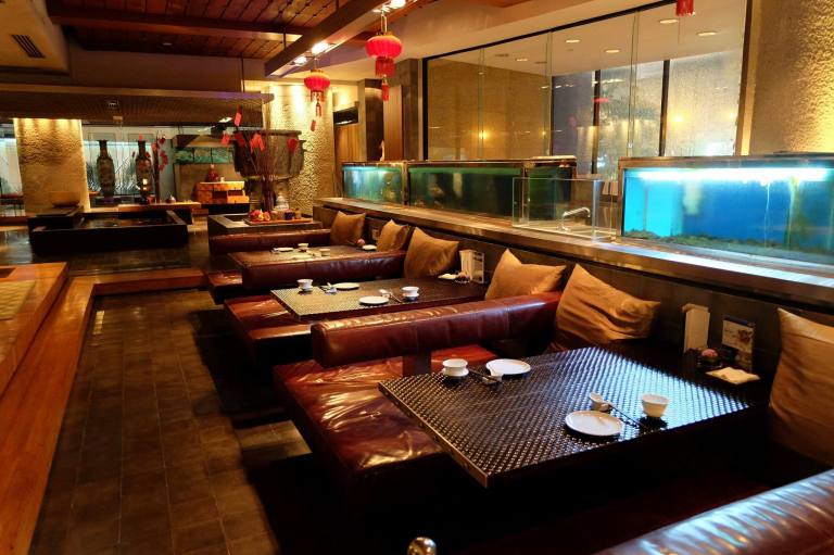 The restaurant has a very warm and inviting interior