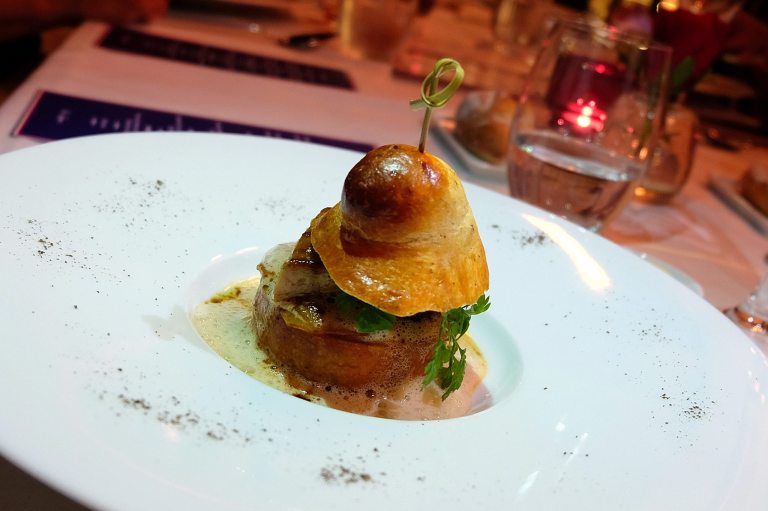 Pan-Seared Foie Gras in a Truffled Brioche, Roasted Apples and Apple Cider Emulsion