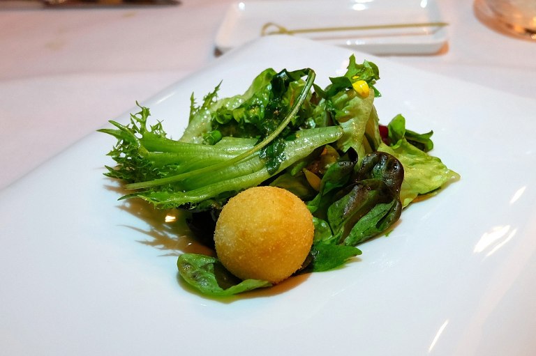 Gorgonzola Crispy Cromesqui, Wild Rocket Salad, Hazelnut Dressing
