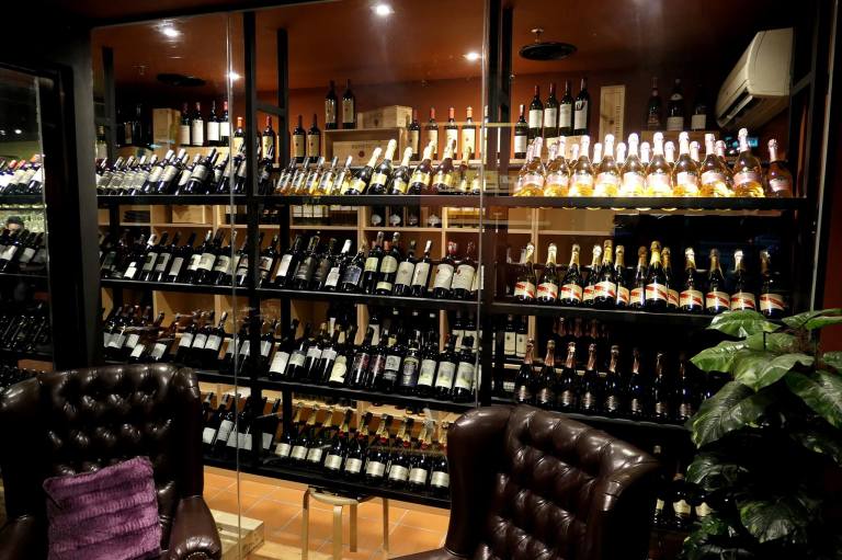 The wine cellar which carries a wide range of mostly Italian red/ white wines and sparkling wines, as well as champagne